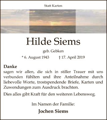 Traueranzeige von Hilde Siems von SYK