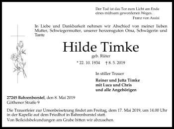 Traueranzeige von Hilde Timke von SYK