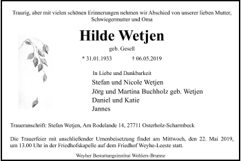 Traueranzeige von Hilde Wetjen von SYK