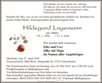 Traueranzeige von Hildegard Logemann von SYK