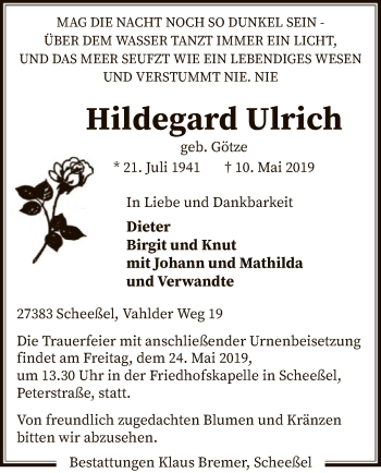 Traueranzeige von Hildegard Ulrich von SYK