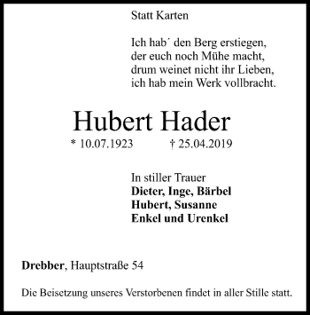 Traueranzeige von Hubert Hader von SYK