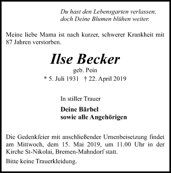 Traueranzeige von Ilse Becker von SYK