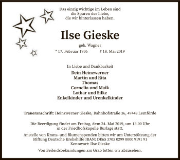 Traueranzeige von Ilse Gieske von SYK