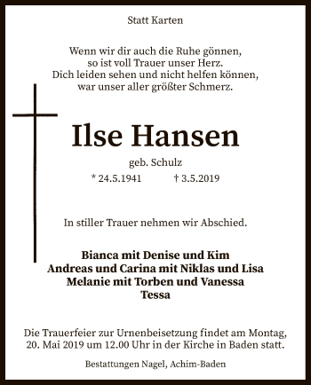 Traueranzeige von Ilse Hansen von SYK