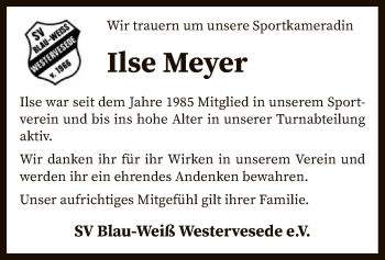 Traueranzeige von Ilse Meyer von SYK