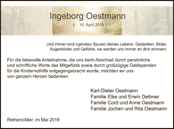 Traueranzeige von Ingeborg Oestmann von SYK