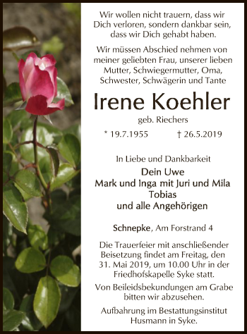 Traueranzeige von Irene Koehler von SYK