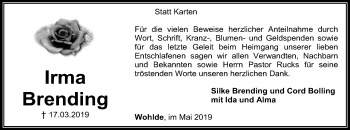 Traueranzeige von Irma Brending von SYK