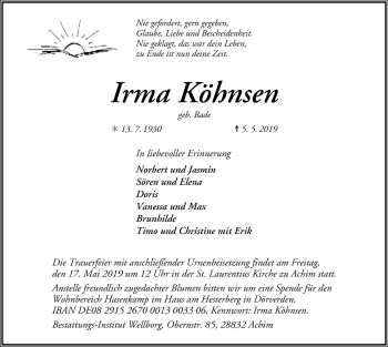 Traueranzeige von Irma Köhnsen von SYK