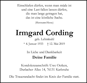 Traueranzeige von Irmgard Cording von SYK