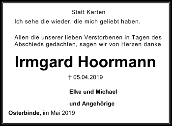 Traueranzeige von Irmgard Hoormann von SYK