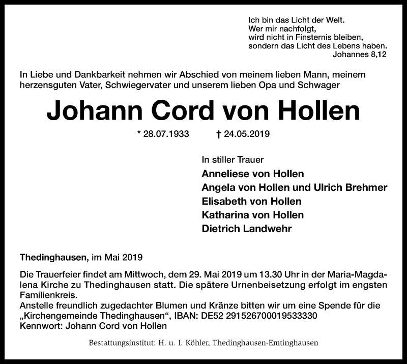  Traueranzeige für Johann Cord von Hollen vom 27.05.2019 aus SYK
