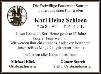 Traueranzeige von Karl Heinz Schloen von SYK