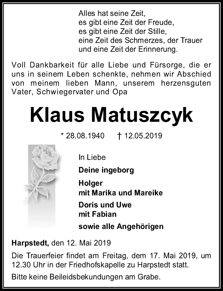  Traueranzeige für Klaus Matuszcyk vom 15.05.2019 aus SYK
