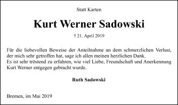 Traueranzeige von Kurt Werner Sadowski von SYK