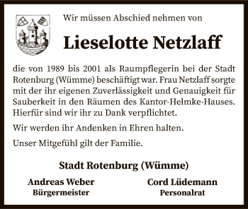Traueranzeige von Lieselotte Netzlaff von SYK