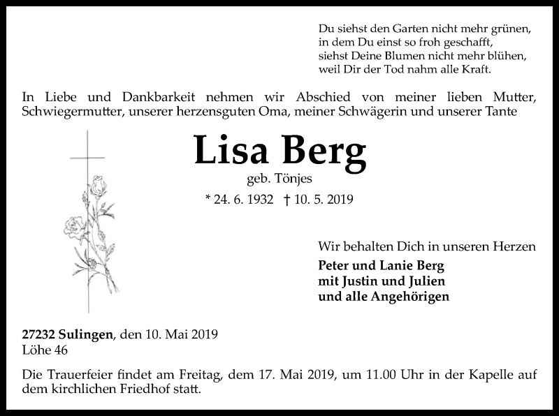  Traueranzeige für Lisa Berg vom 14.05.2019 aus SYK