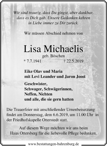 Traueranzeige von Lisa Michaelis von SYK