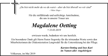 Traueranzeige von Magdalene Oetting von SYK