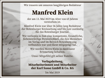 Traueranzeige von Manfred Klein von SYK