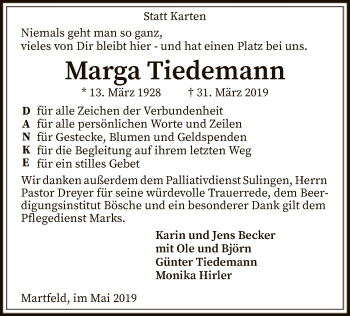 Traueranzeige von Marga Tiedemann von SYK