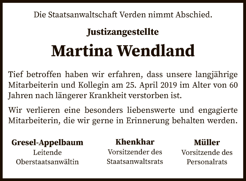  Traueranzeige für Martina Wendland vom 06.05.2019 aus SYK