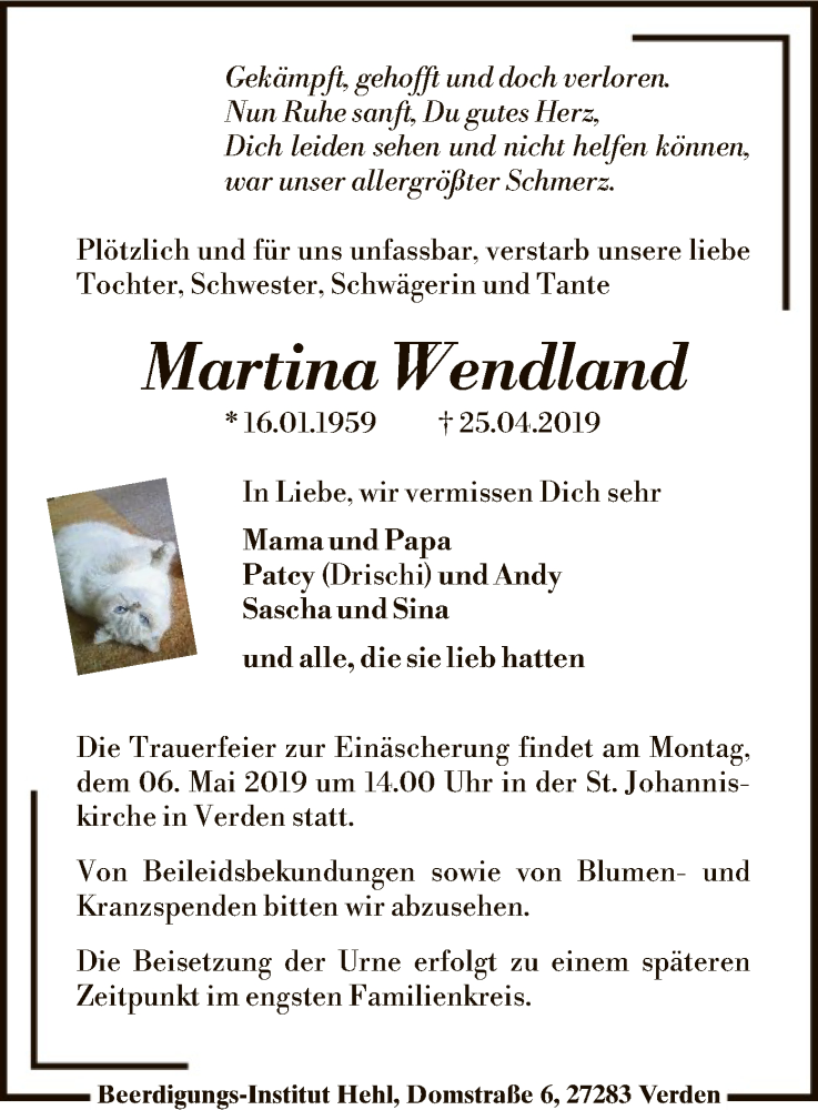  Traueranzeige für Martina Wendland vom 02.05.2019 aus SYK