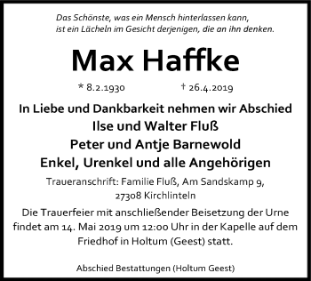 Traueranzeige von Max Haffke von SYK