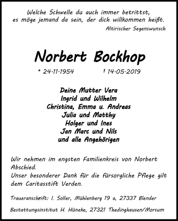 Traueranzeige von Norbert Bockhop von SYK