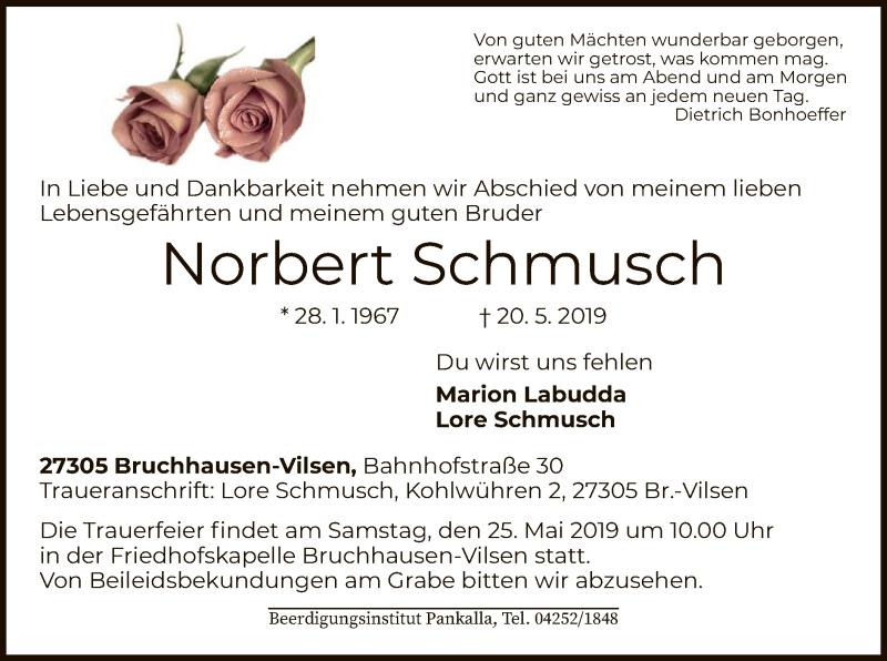  Traueranzeige für Norbert Schmusch vom 22.05.2019 aus SYK