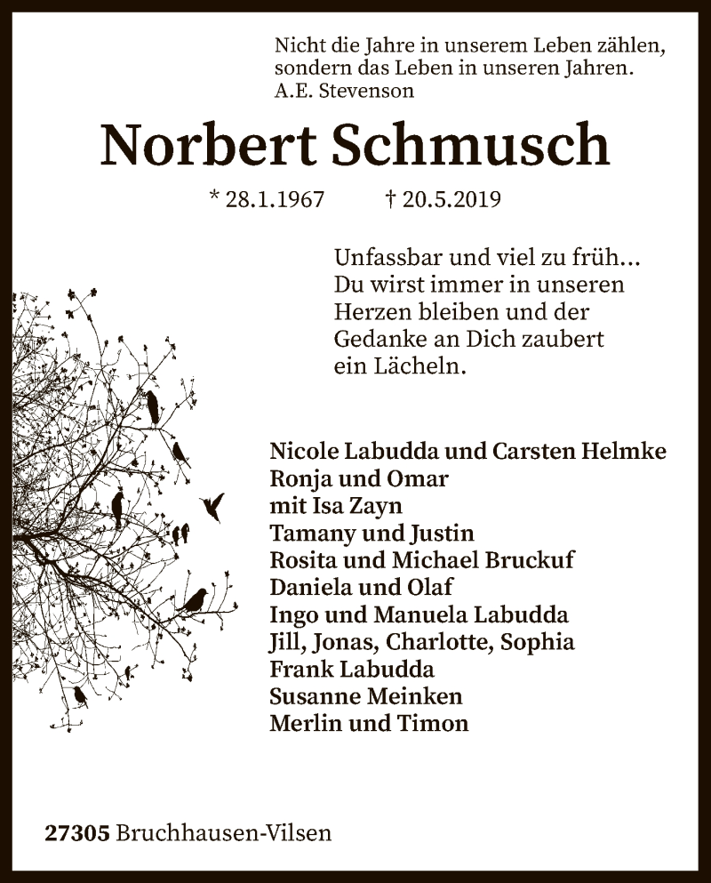  Traueranzeige für Norbert Schmusch vom 23.05.2019 aus SYK