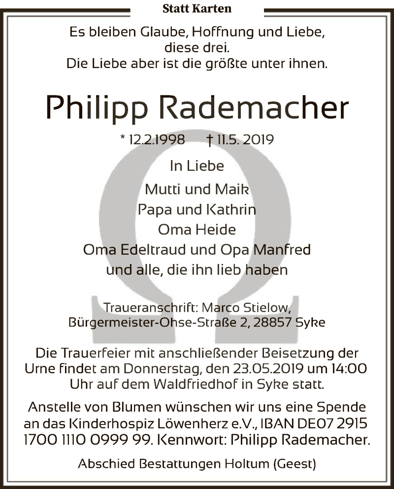  Traueranzeige für Philipp Rademacher vom 18.05.2019 aus SYK