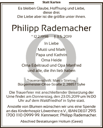 Traueranzeige von Philipp Rademacher von SYK