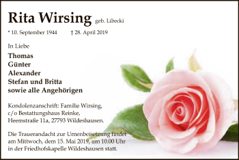 Traueranzeige von Rita Wirsing von SYK