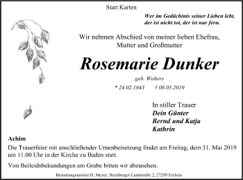 Traueranzeige von Rosemarie Dunker von SYK