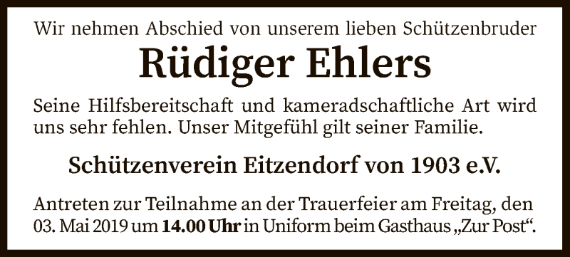  Traueranzeige für Rüdiger Ehlers vom 30.04.2019 aus SYK