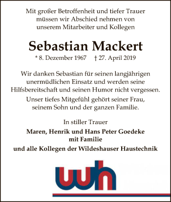 Traueranzeige von Sebastian Mackert von SYK