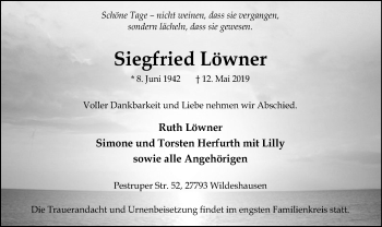 Traueranzeige von Siegfried Löwner von SYK