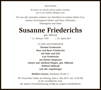 Traueranzeige von Susanne Friederichs von SYK