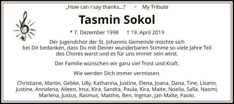  Traueranzeige für Tasmin Sokol vom 04.05.2019 aus SYK