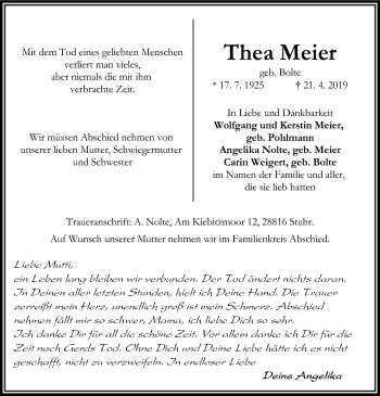 Traueranzeige von Thea Meier von SYK