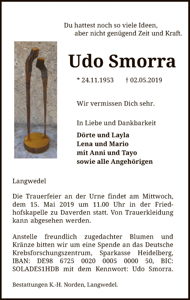  Traueranzeige für Udo Smorra vom 09.05.2019 aus SYK