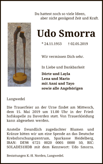 Traueranzeige von Udo Smorra von SYK