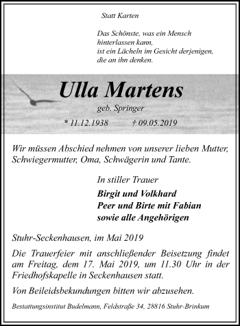 Traueranzeige von Ulla Martens von SYK