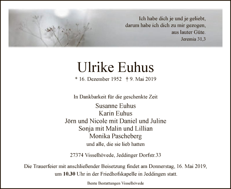  Traueranzeige für Ulrike Euhus vom 11.05.2019 aus SYK