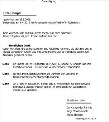 Traueranzeige von Utta Hempel von SYK