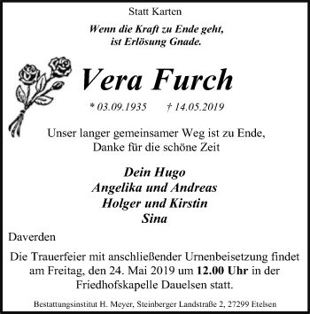 Traueranzeige von Vera Furch von SYK