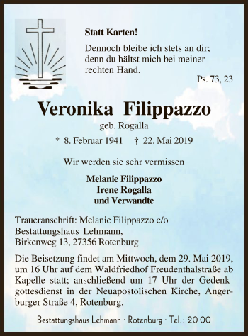Traueranzeige von Veronika Filippazzo von SYK