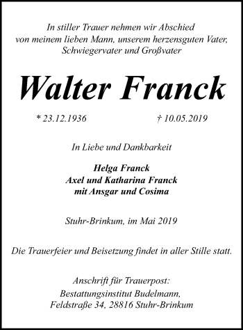 Traueranzeige von Walter Franck von SYK